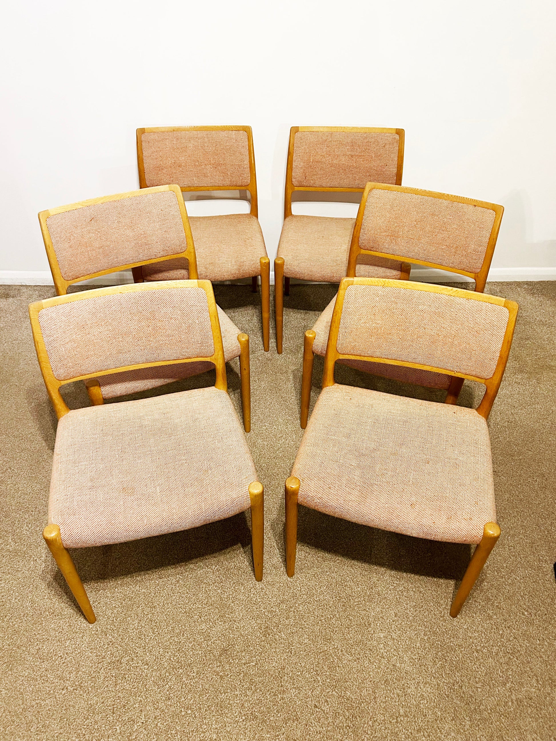 Niels Otto Moller Model 80 Set of Six Scandinavian Design Dining Chairs in Pink Fabric and Teak Frame, Denmark, 1960s. Marshall Walker Antique & Vintage Furniture